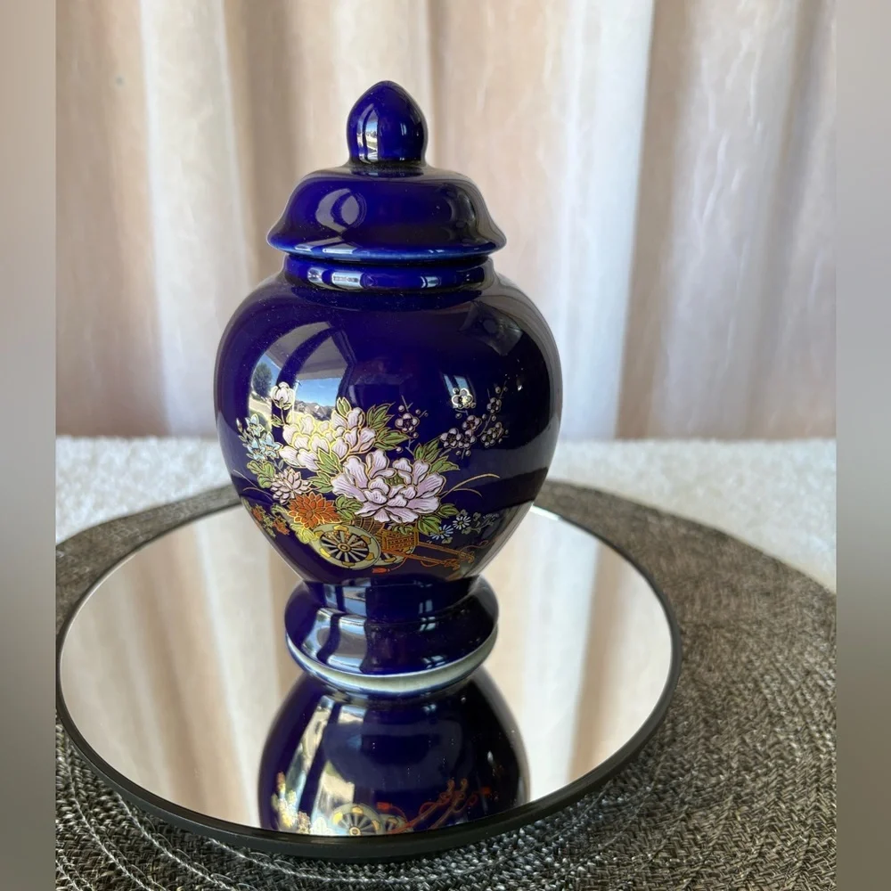 Vintage Small Japanese Cobalt Blue Porcelain Ginger Jar-Floral Design with Wagon